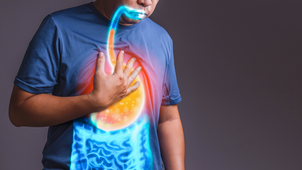 Illustration showing a man with chest pain and heartburn, highlighting the digestive system anatomy in a medical context